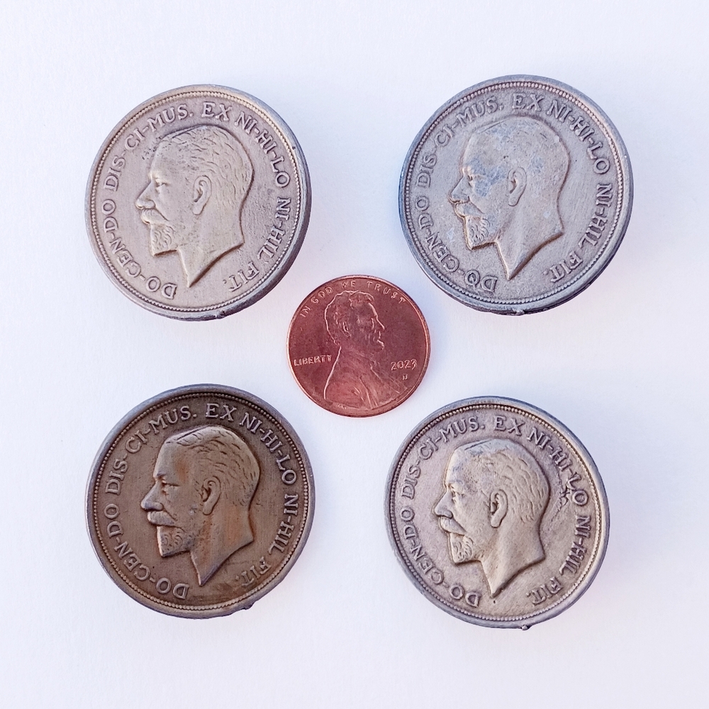 Set Of 4 Vintage Buttons King George V Shank Metal Large 1 1/8 Inch British